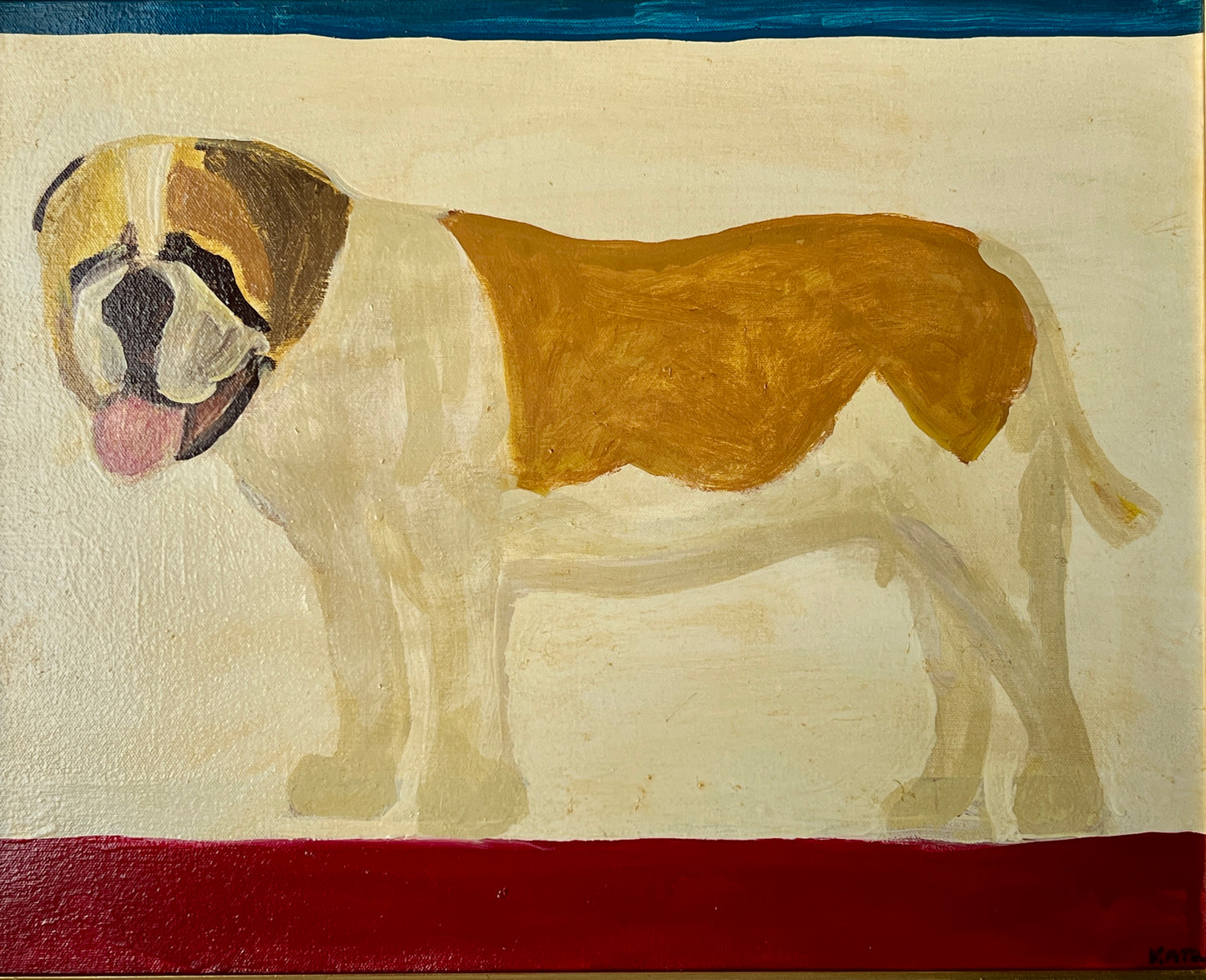 Kate Lang St. Bernard Contemporary Folk Art Dog Portrait in Gold Frame