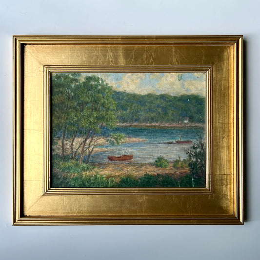 Vintage American Lake with Chris Craft Boat and Woods Landscape Oil Painting in Gold Frame