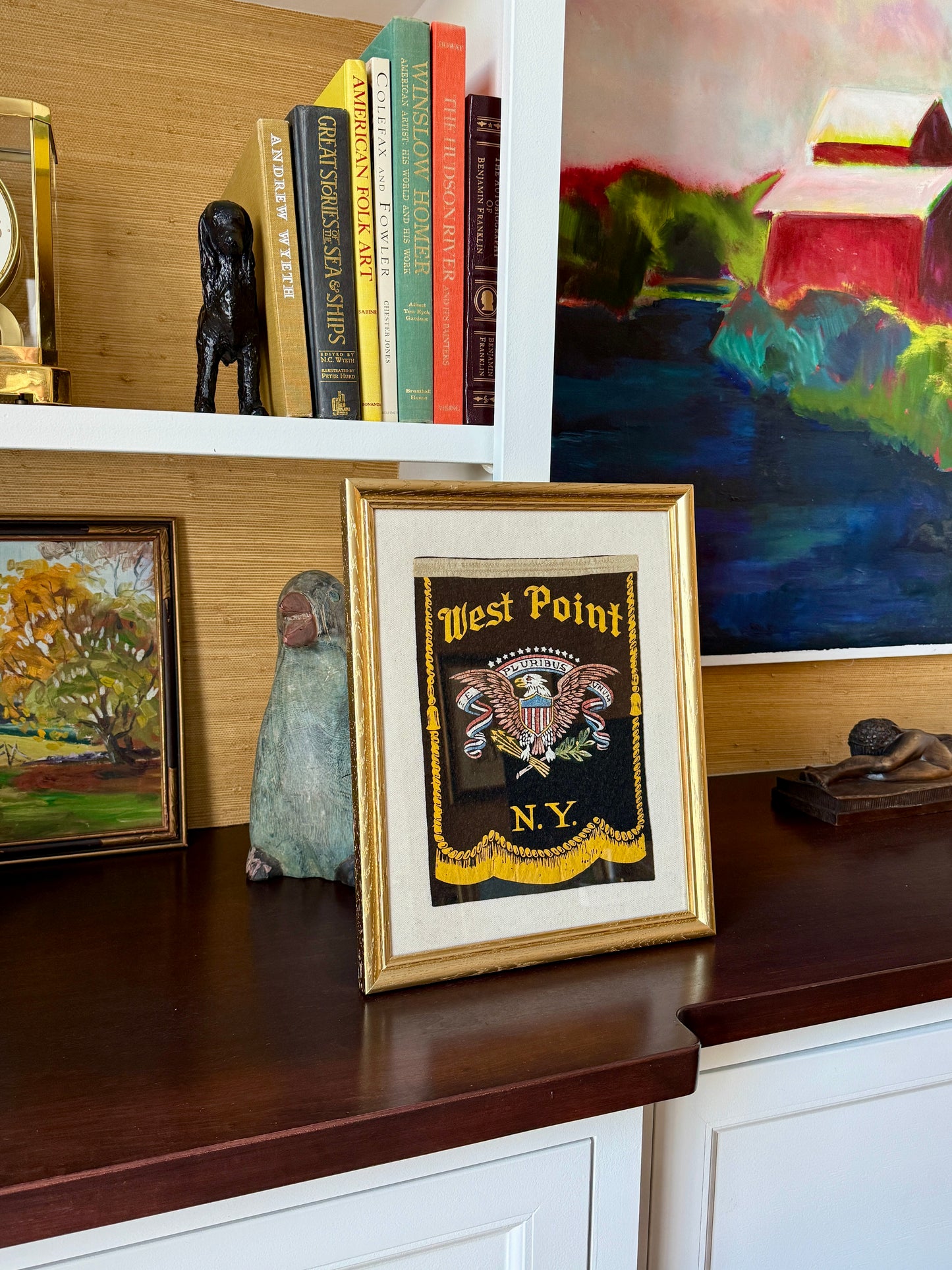 WWII Era West Point United States Military Academy NY Felt Window Banner on Ivory Twill in Vintage Gold Frame