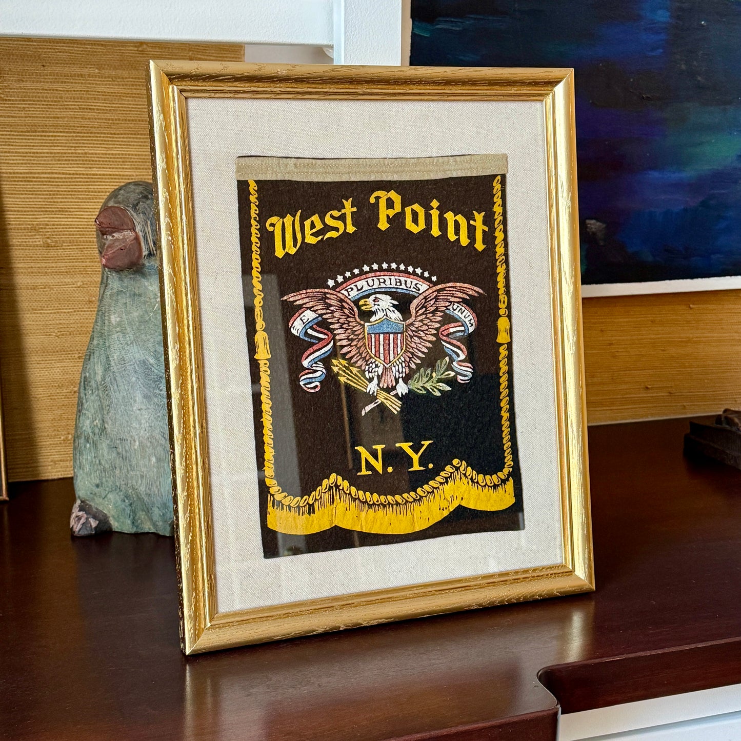 WWII Era West Point United States Military Academy NY Felt Window Banner on Ivory Twill in Vintage Gold Frame