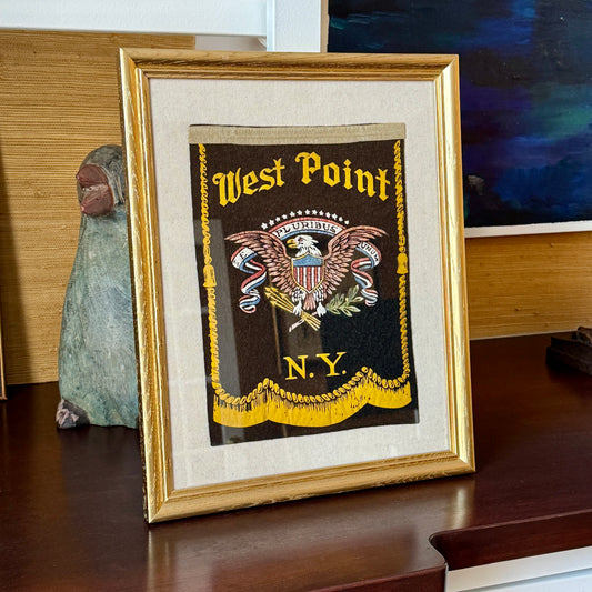 WWII Era West Point United States Military Academy NY Felt Window Banner on Ivory Twill in Vintage Gold Frame