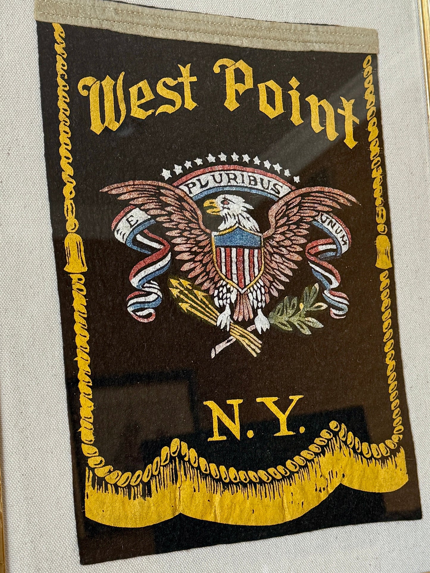 WWII Era West Point United States Military Academy NY Felt Window Banner on Ivory Twill in Vintage Gold Frame