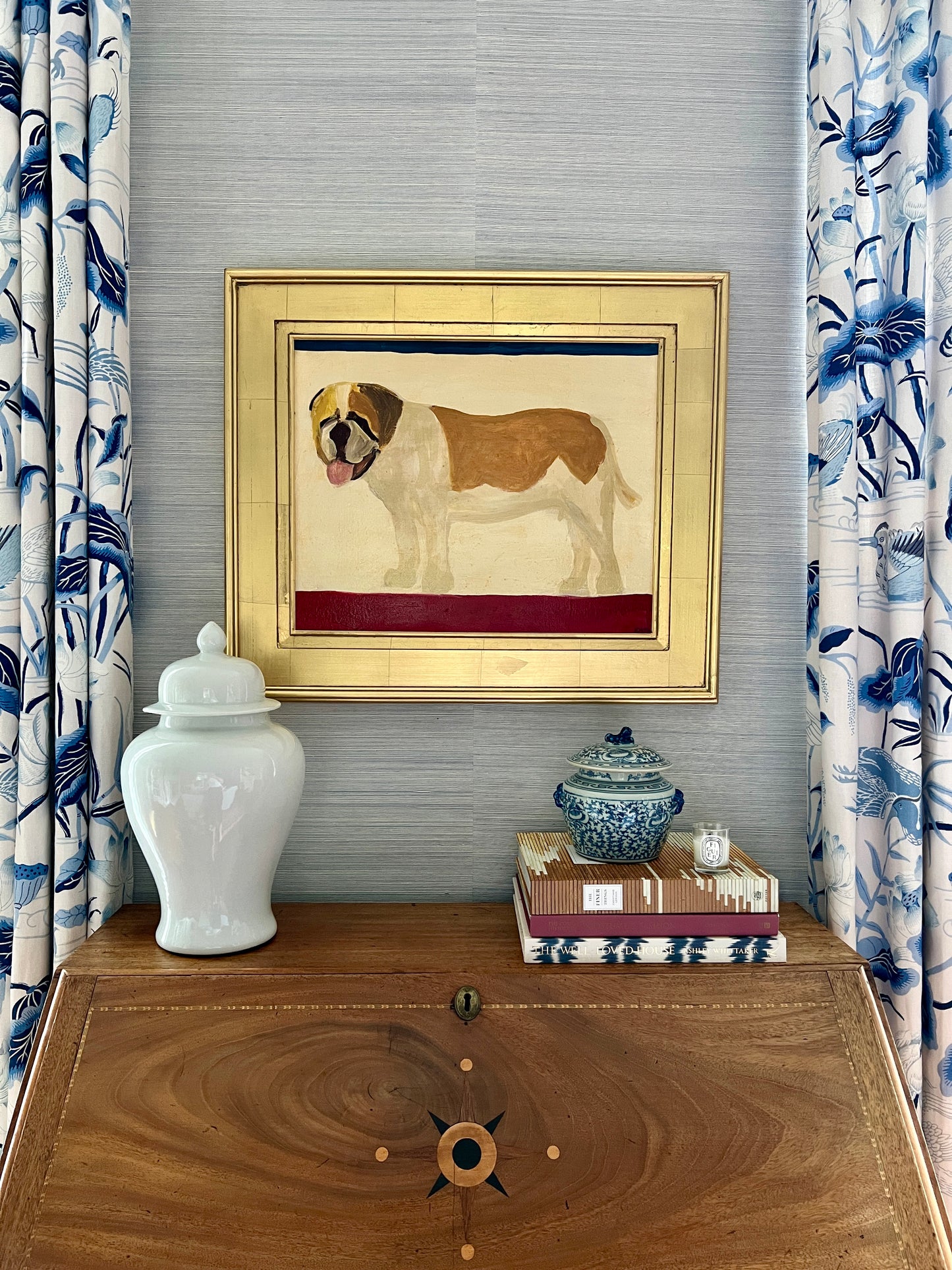 Kate Lang St. Bernard Contemporary Folk Art Dog Portrait in Gold Frame