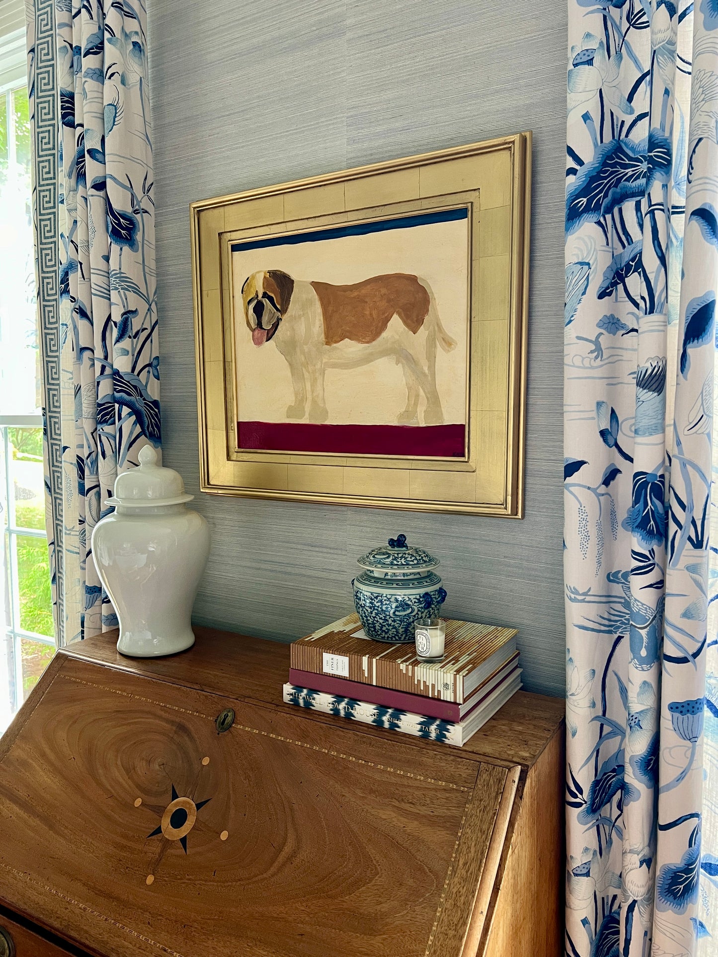 Kate Lang St. Bernard Contemporary Folk Art Dog Portrait in Gold Frame