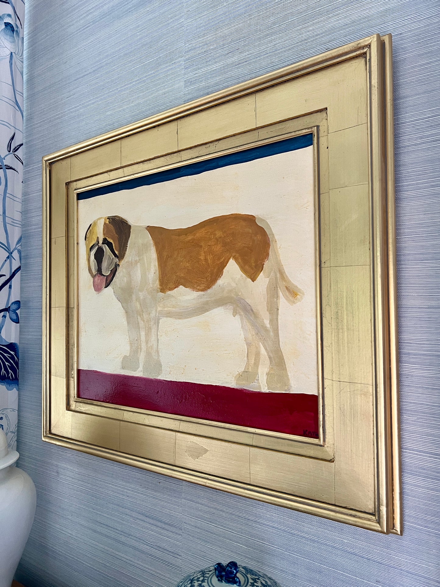 Kate Lang St. Bernard Contemporary Folk Art Dog Portrait in Gold Frame