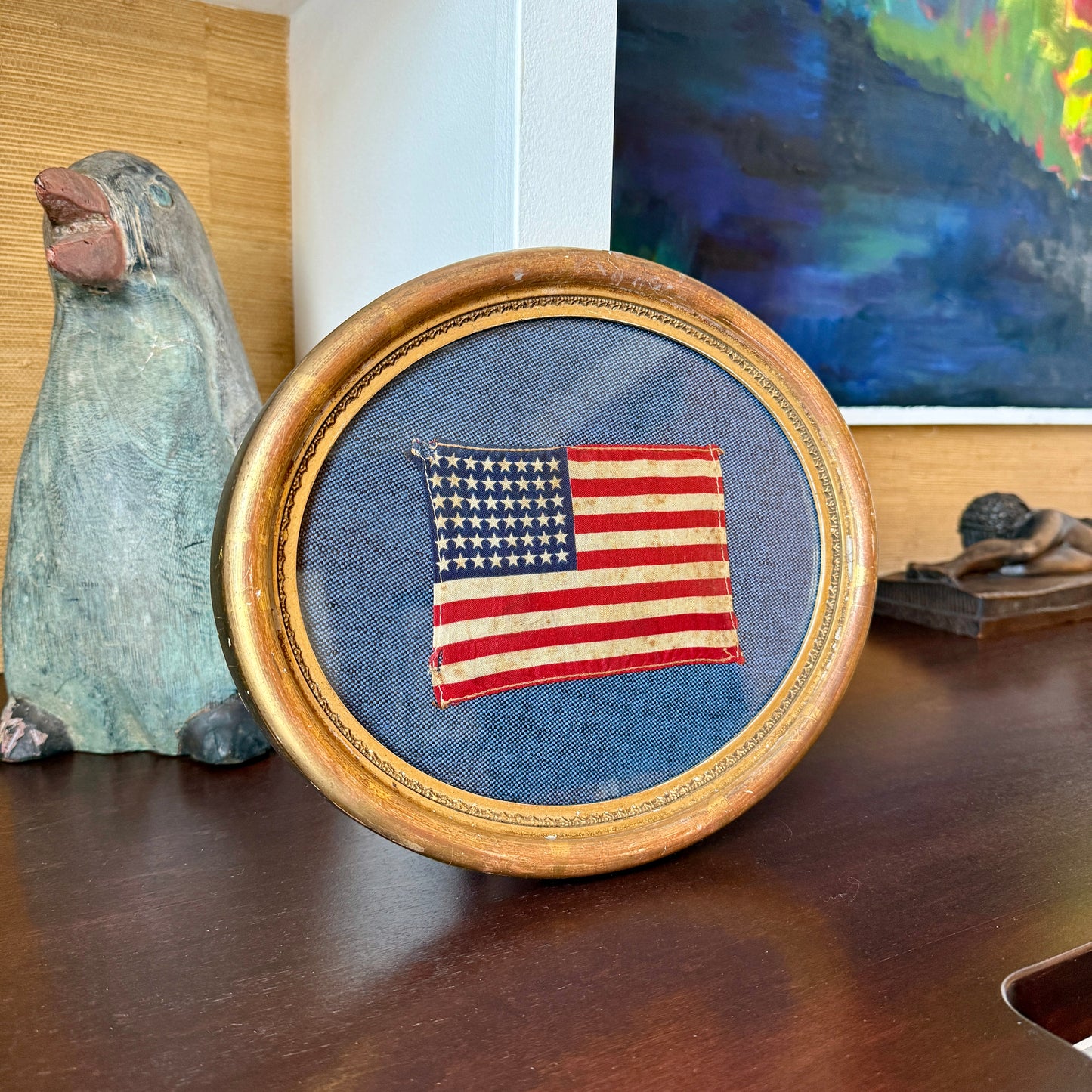 Old 48 Star American Parade Flag on Navy in Antique Oval Gilded Frame
