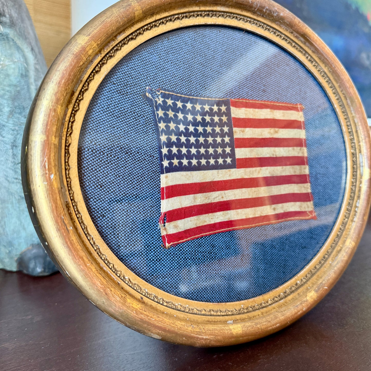 Old 48 Star American Parade Flag on Navy in Antique Oval Gilded Frame