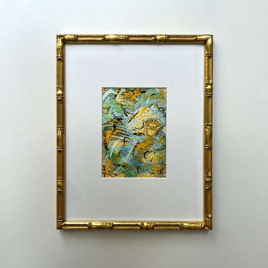 Vintage Colorful Large Abstract Oil Painting #9 in Light Gold Bamboo Frame