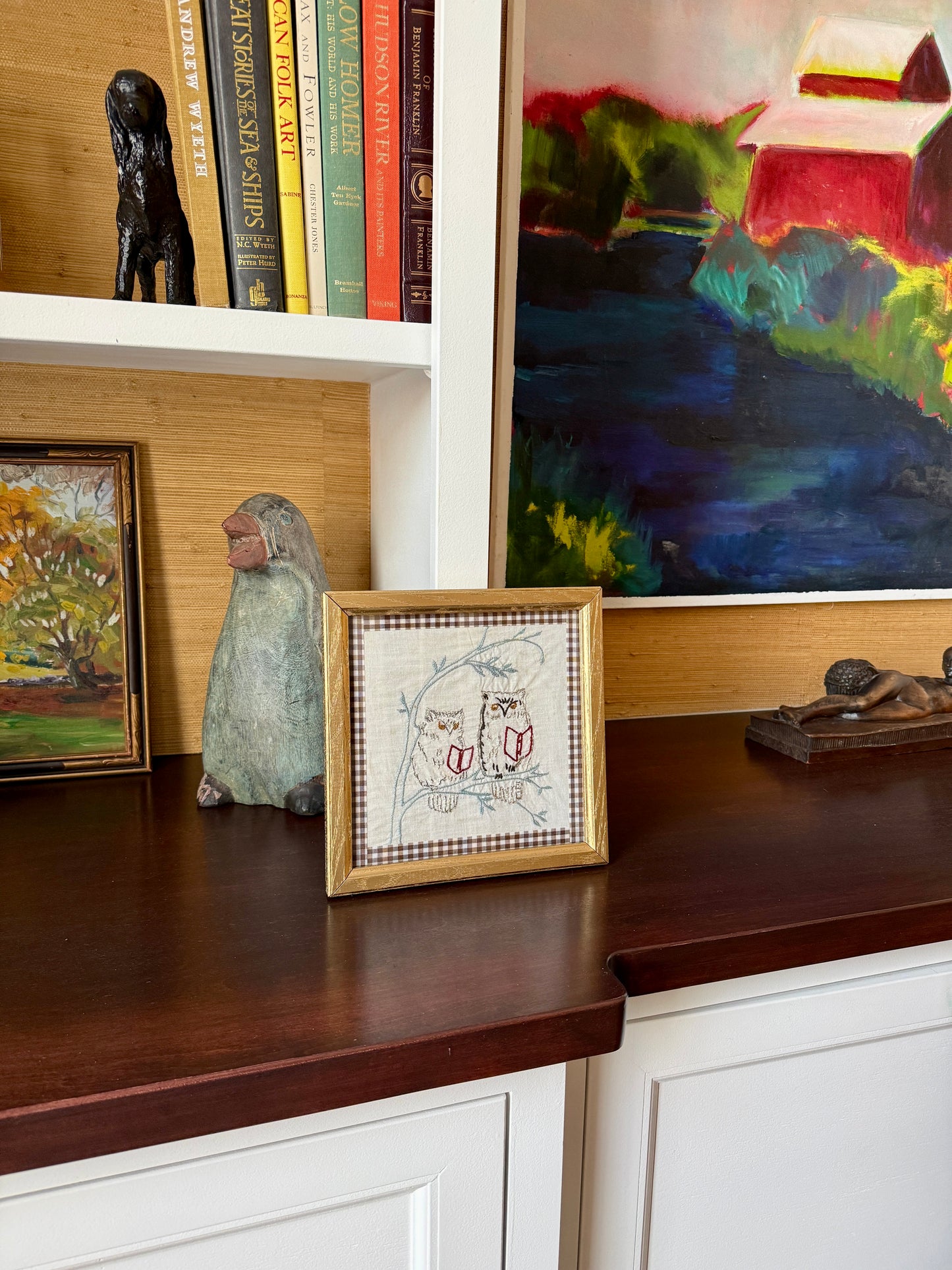 Florence Hackman Reiff Pair of Owls Reading Stiching Trimmed in Brown Gingham in Gold Frame