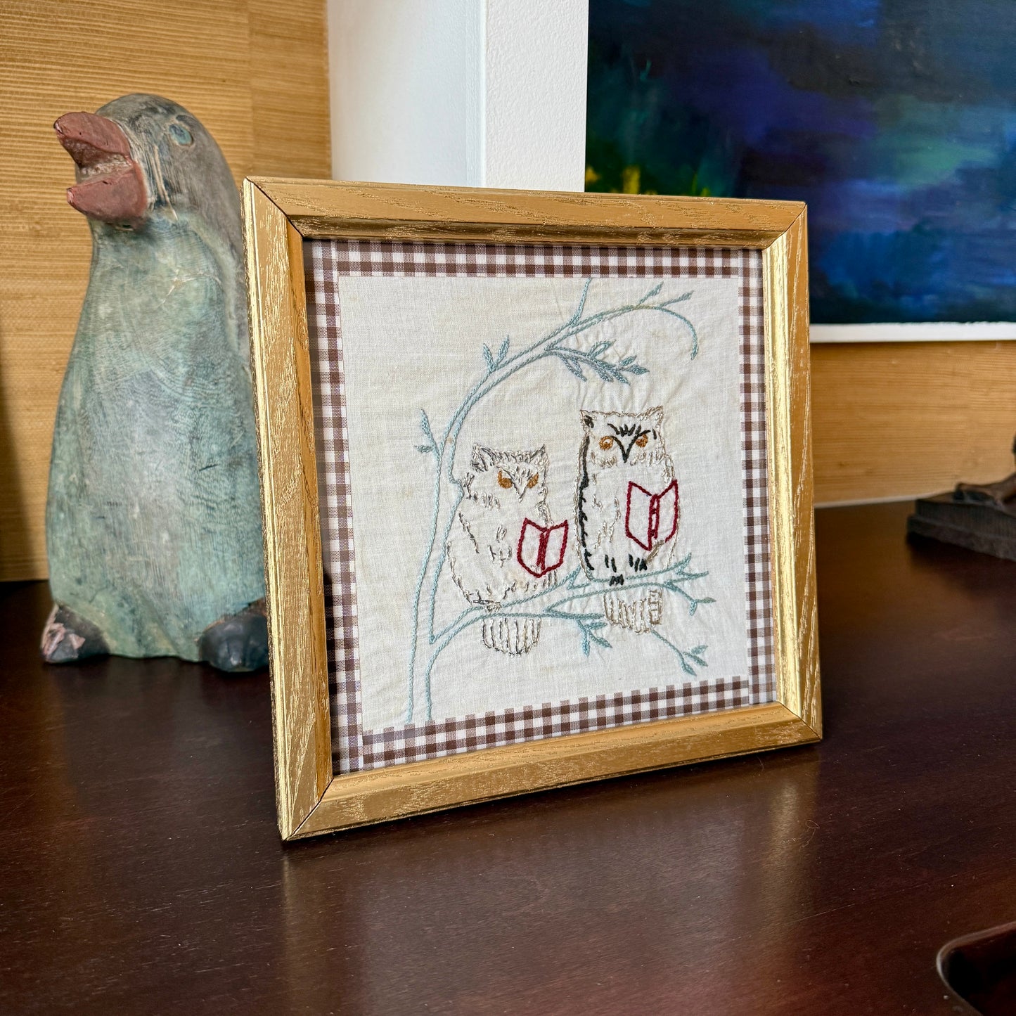 Florence Hackman Reiff Pair of Owls Reading Stiching Trimmed in Brown Gingham in Gold Frame