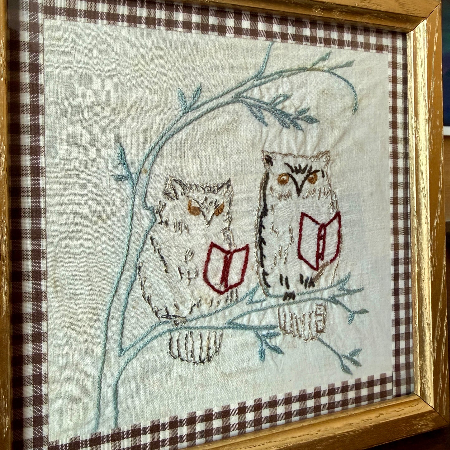 Florence Hackman Reiff Pair of Owls Reading Stiching Trimmed in Brown Gingham in Gold Frame