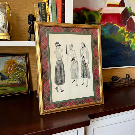 1950s Fashion Ladies Watercolor Study on Ralph Lauren Tartan Plaid in Vintage Gold Frame