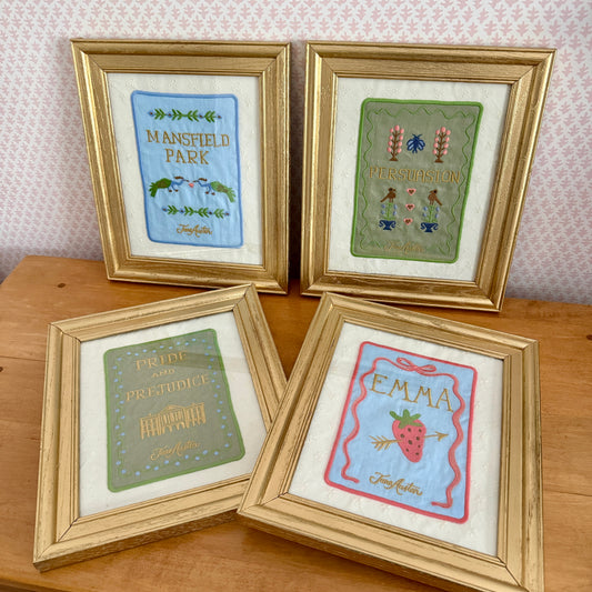 Jane Austen Novels Set of Four Emroidered Linen Books on Ivory Eyelet  in Gold Frames