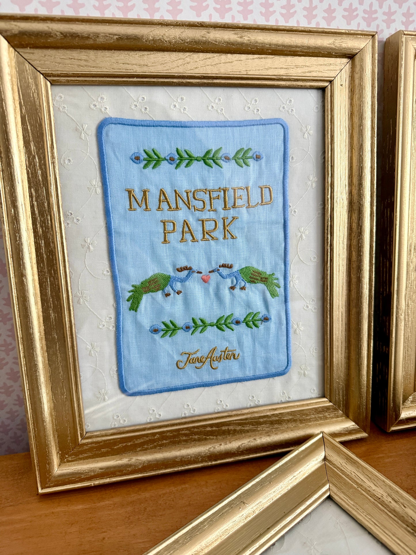 Jane Austen Novels Set of Four Emroidered Linen Books on Ivory Eyelet  in Gold Frames