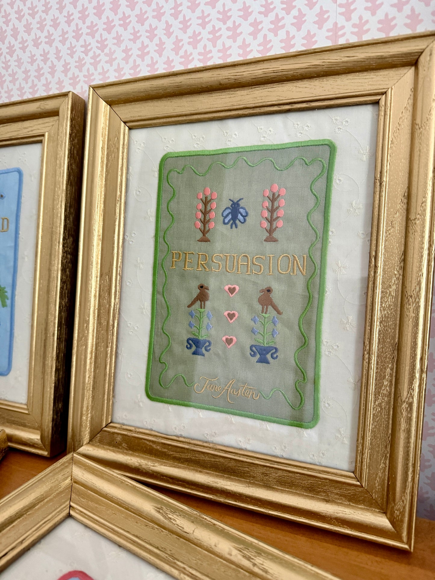 Jane Austen Novels Set of Four Emroidered Linen Books on Ivory Eyelet  in Gold Frames