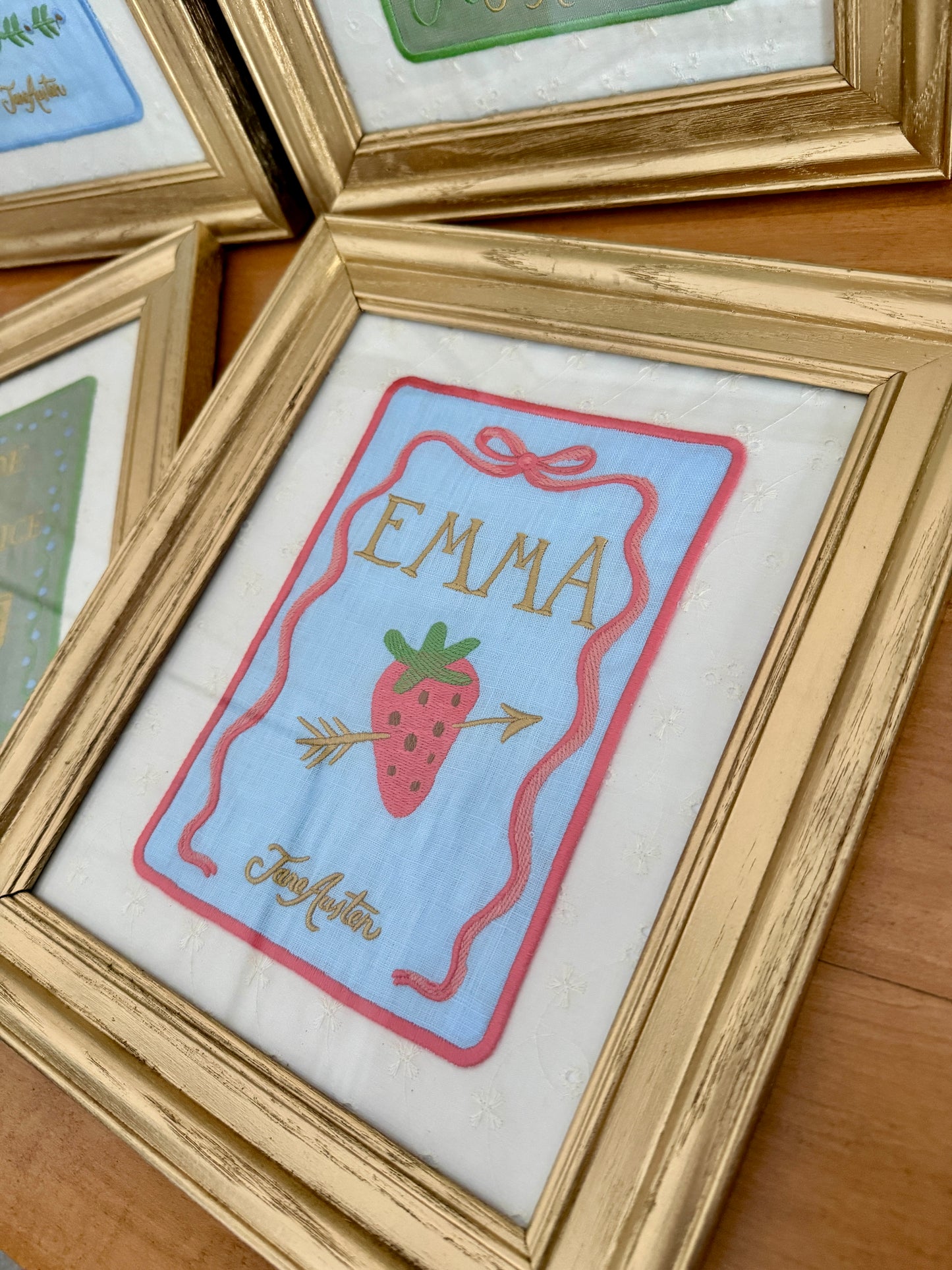 Jane Austen Novels Set of Four Emroidered Linen Books on Ivory Eyelet  in Gold Frames