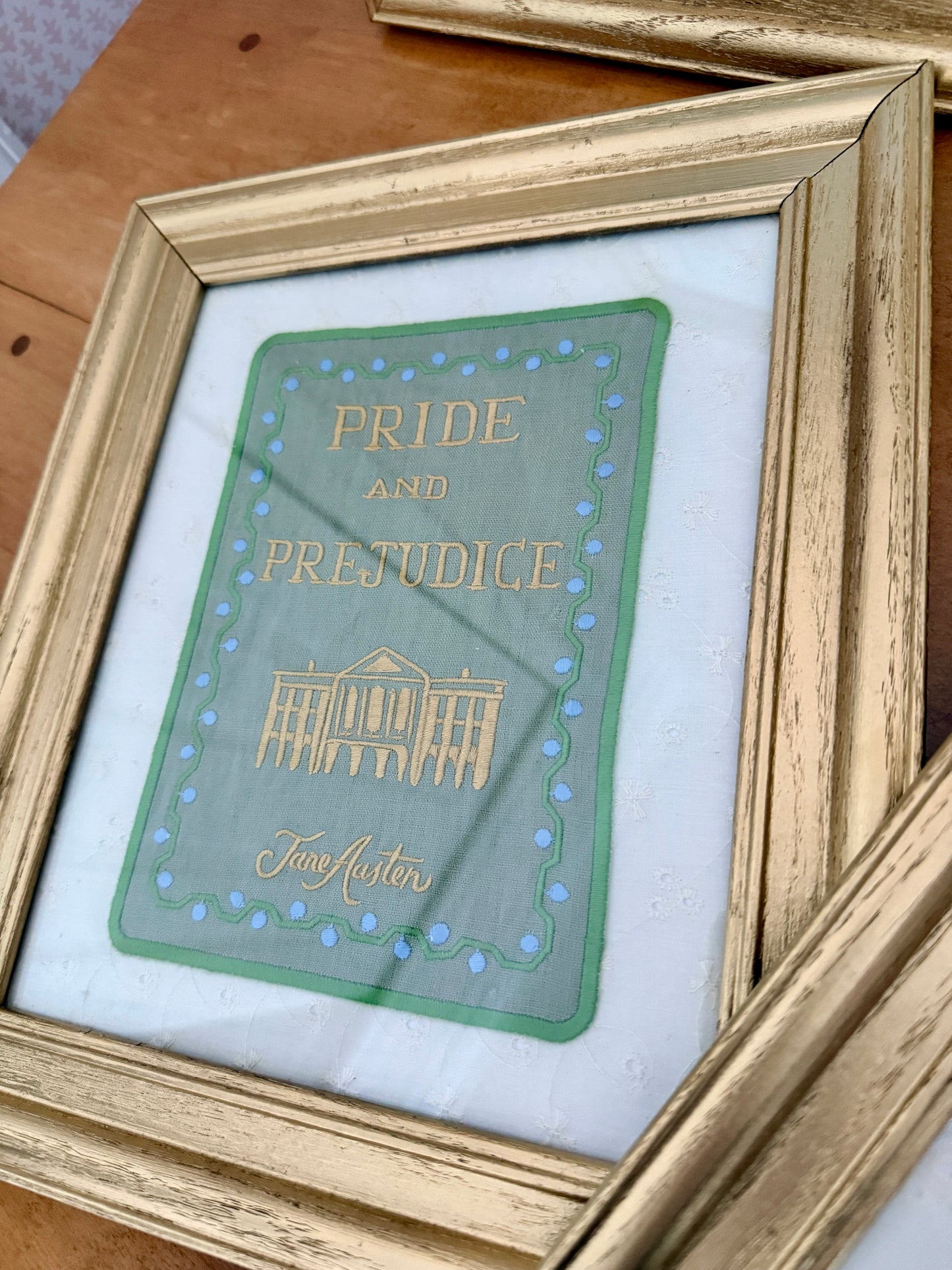 Jane Austen Novels Set of Four Emroidered Linen Books on Ivory Eyelet  in Gold Frames