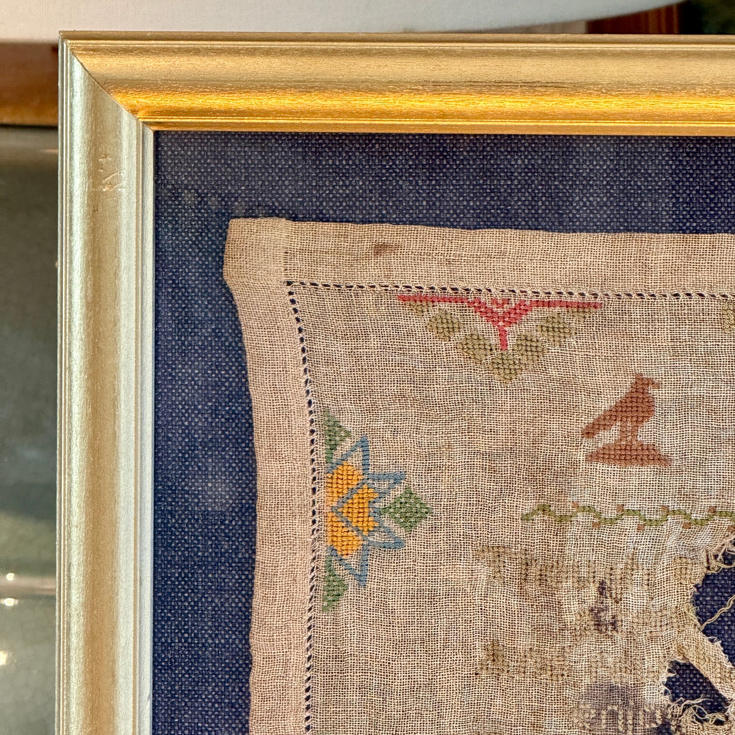 1934 West Chester, PA Needlepoint Sampler by Eloise Powell Waggoner on Blue Twill in Gold Frame