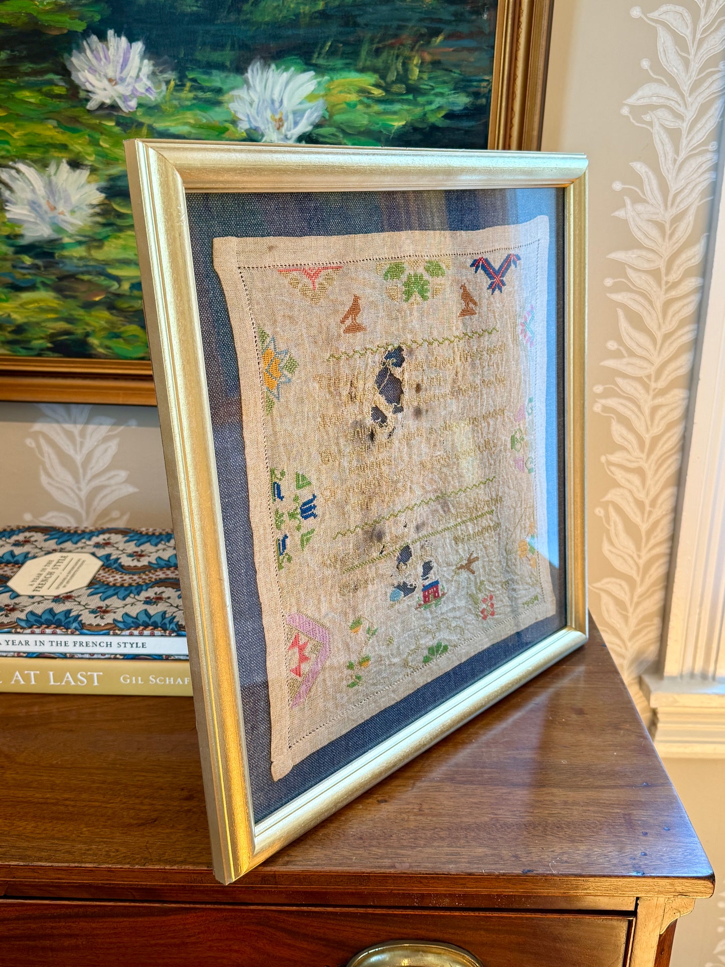 1934 West Chester, PA Needlepoint Sampler by Eloise Powell Waggoner on Blue Twill in Gold Frame