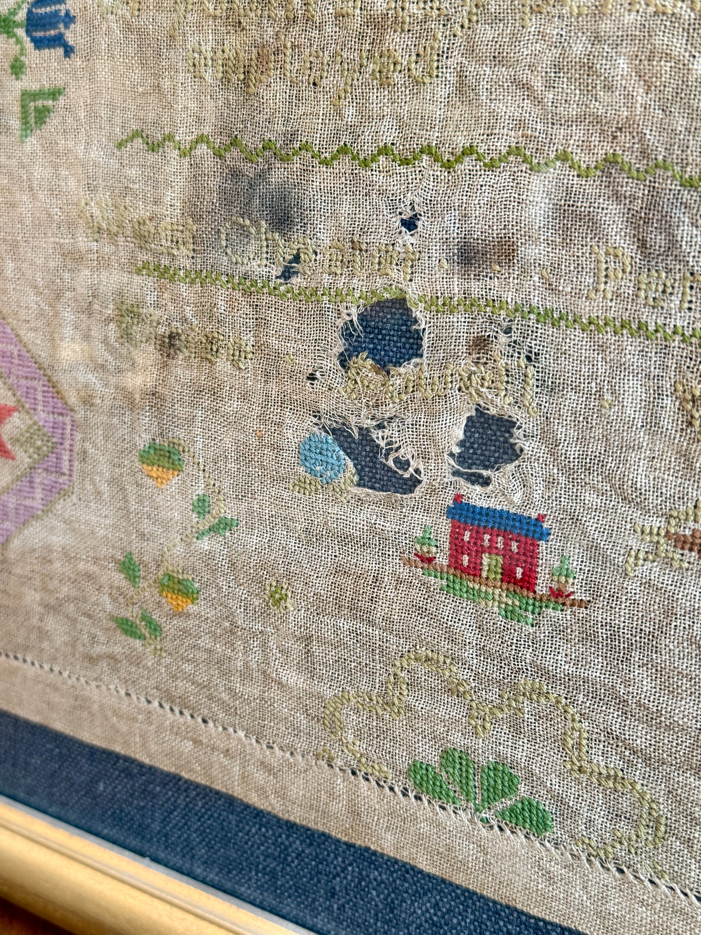 1934 West Chester, PA Needlepoint Sampler by Eloise Powell Waggoner on Blue Twill in Gold Frame