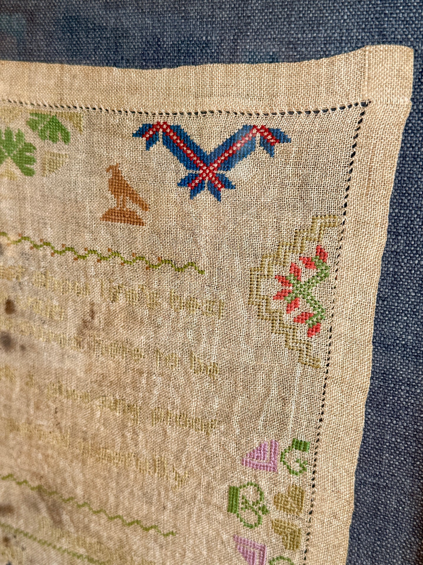 1934 West Chester, PA Needlepoint Sampler by Eloise Powell Waggoner on Blue Twill in Gold Frame