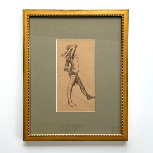 Early 20th C. Figural Portrait Stretching Swimmer Drawing in Gold Frame