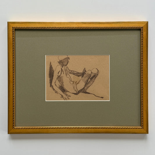 Early 20th C. Figural Portrait Seated Swimmer Drawing in Gold Frame