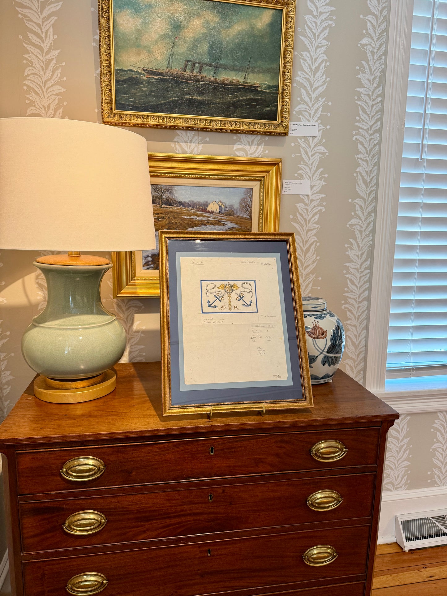 George Wells Nautical Caduceus and Anchors Family Rug Design Sketch in Gilded Wood Frame