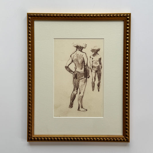 Early 20th C. Figural Portrait Young Boy in Bathing Suit Drawing in Gold Frame