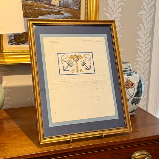 George Wells Nautical Caduceus and Anchors Family Rug Design Sketch in Gilded Wood Frame