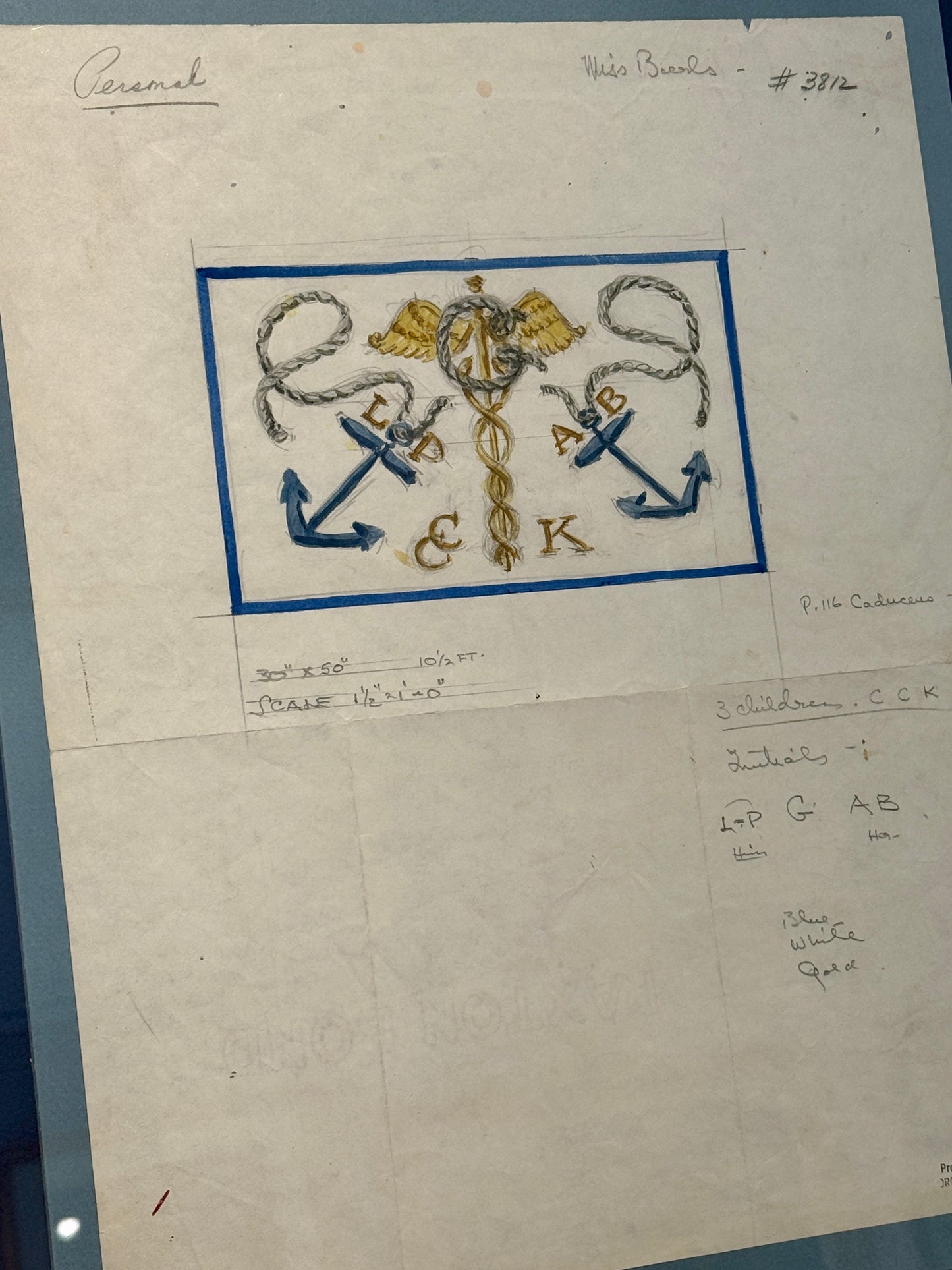 George Wells Nautical Caduceus and Anchors Family Rug Design Sketch in Gilded Wood Frame