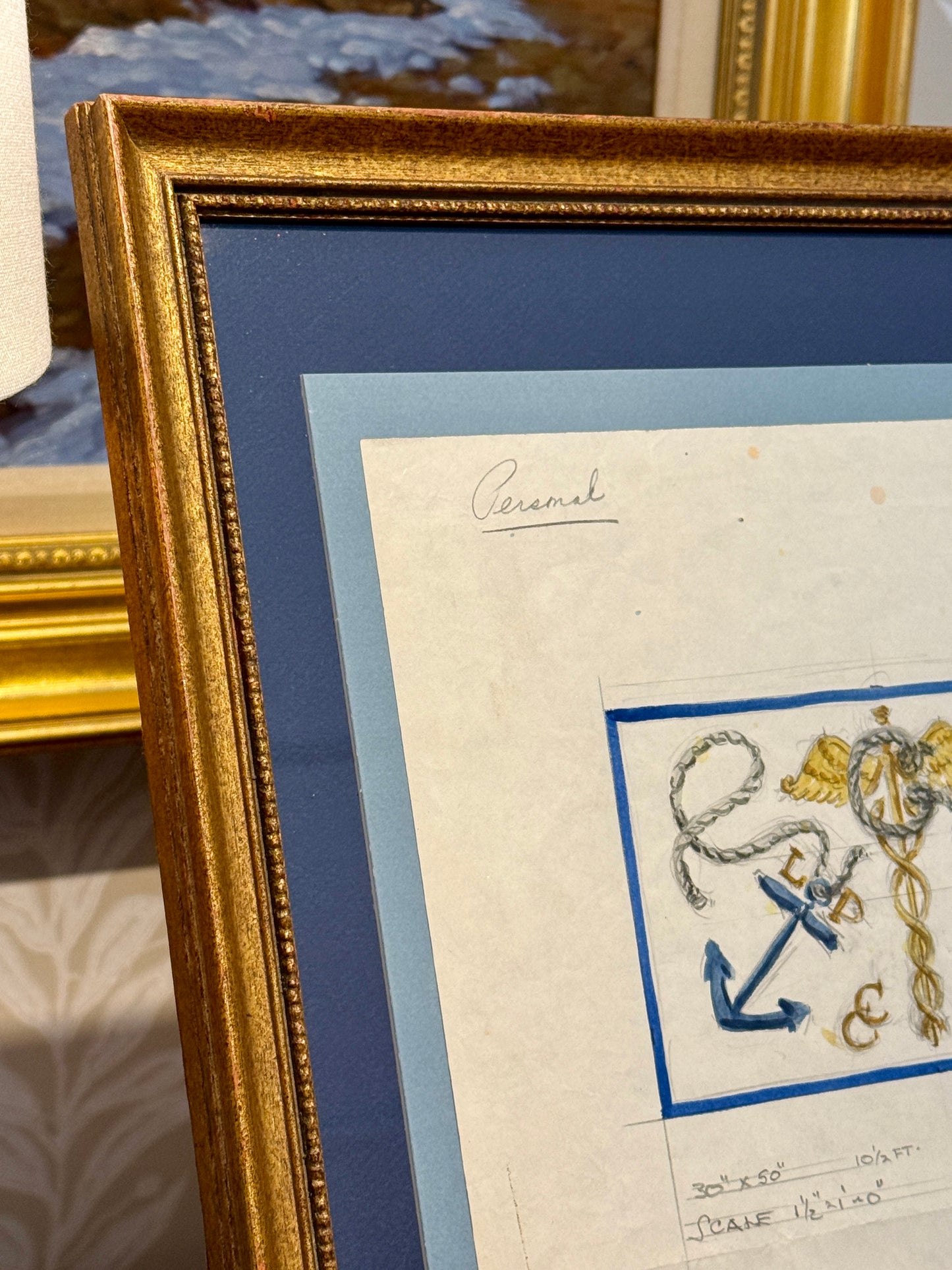 George Wells Nautical Caduceus and Anchors Family Rug Design Sketch in Gilded Wood Frame