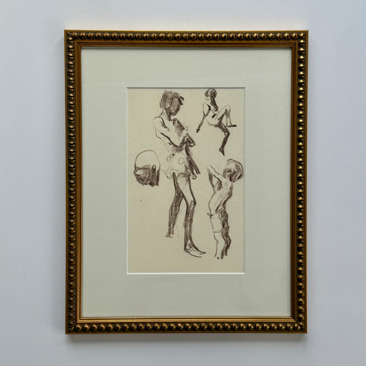 Early 20th C. Figural Portrait Young Girl and Boy Swimmers Drawing in Gold Frame
