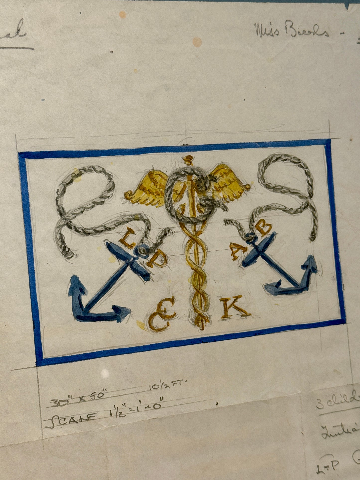 George Wells Nautical Caduceus and Anchors Family Rug Design Sketch in Gilded Wood Frame