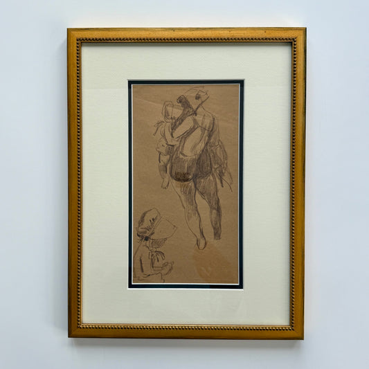 Early 20th C. Figural Portrait Mother and Child at Beach in Gold Frame