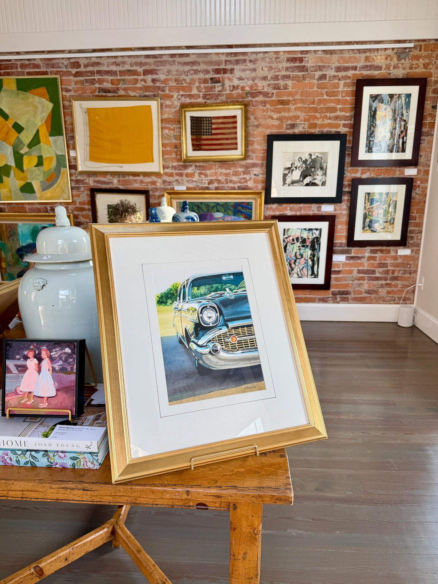 John Bayalis 1958 Chevy Bel Air Realist Watercolor Car Painting in Gold Frame