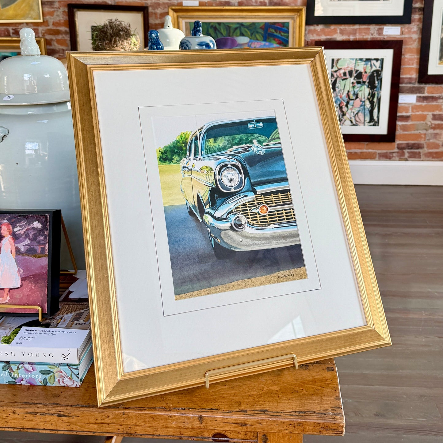John Bayalis 1958 Chevy Bel Air Realist Watercolor Car Painting in Gold Frame