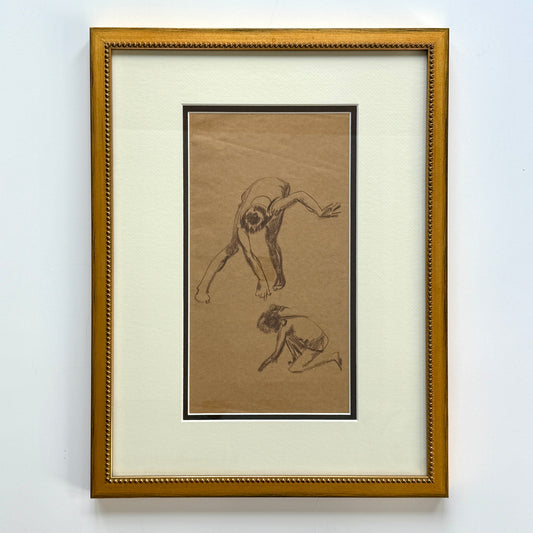Early 20th C. Figural Drawing Girls Sand Writing at Beach in Gold Frame