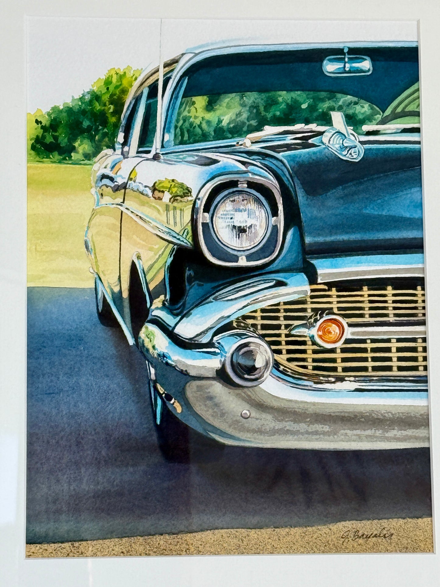 John Bayalis 1958 Chevy Bel Air Realist Watercolor Car Painting in Gold Frame