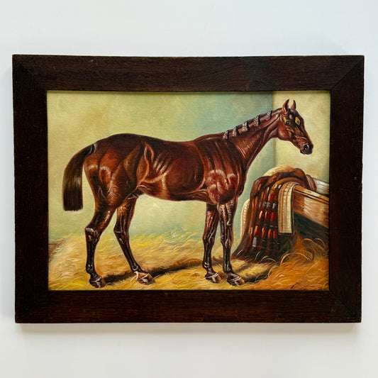 Vintage Chestnut Horse in Stable Portrait Oil Painting in Oak Frame