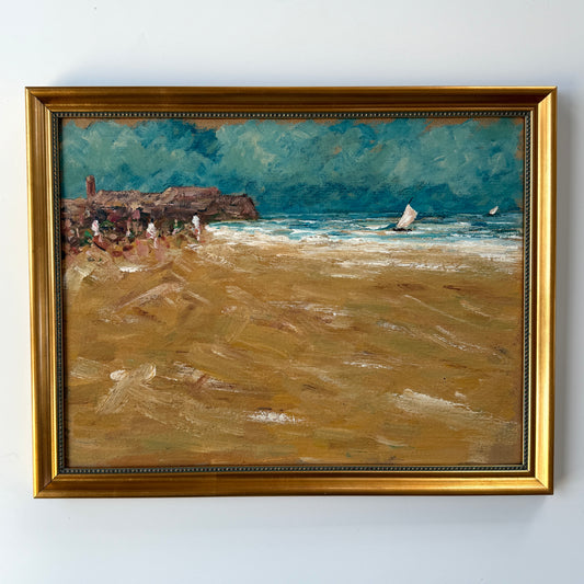 Vintage Impressionist Sunbathers and Sailboats Beach Scene Oil Painting in Gold Frame