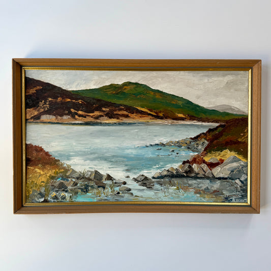 Vintage Rocky Coastal Landscape Painting in Wood Frame