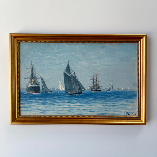 Vintage Sailboats and Ships in Seascape Oil Painting in Gold Frame