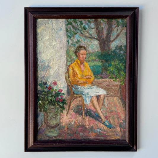 Richard Schmueckle Impressionist Portrait of Woman in Garden Oil Painting in Wood Frame