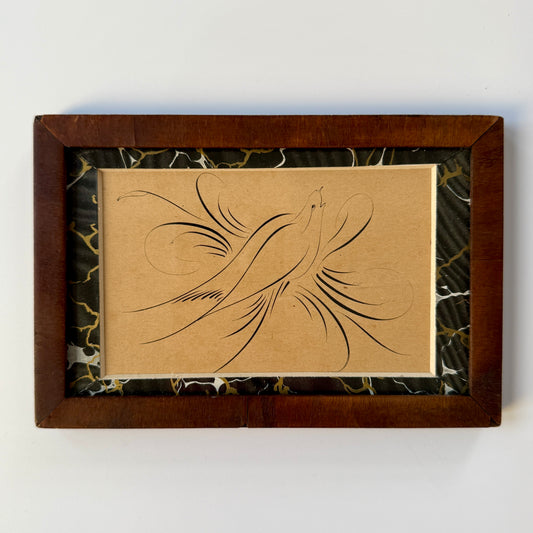 19th Century Pennsylvania Calligraphy Bird Drawing in Grained Wood Frame
