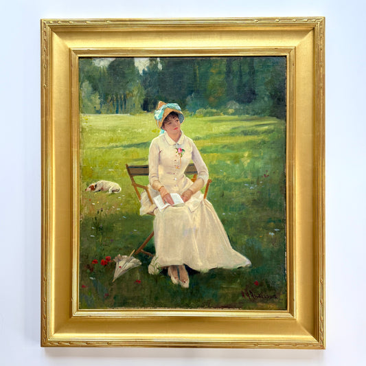 Abraham Archibald Anderson Portrait of a Lady with Book and Dog in Gold Frame