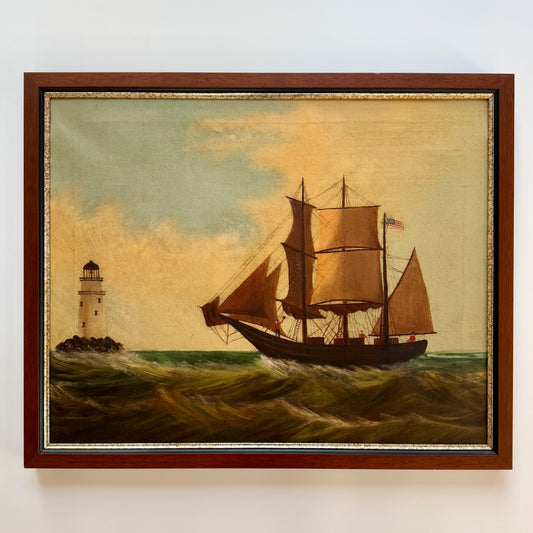 19th Century American Folk Ship Portrait in Seascape with Lighthouse Oil Painting in Wood Frame
