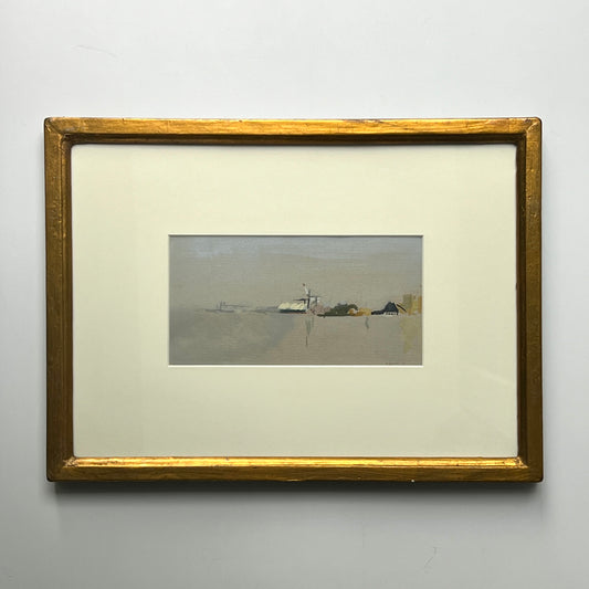 Andrea Krupp Contemporary "Grey River" Abstract Landscape Tempera Painting in Gold Frame