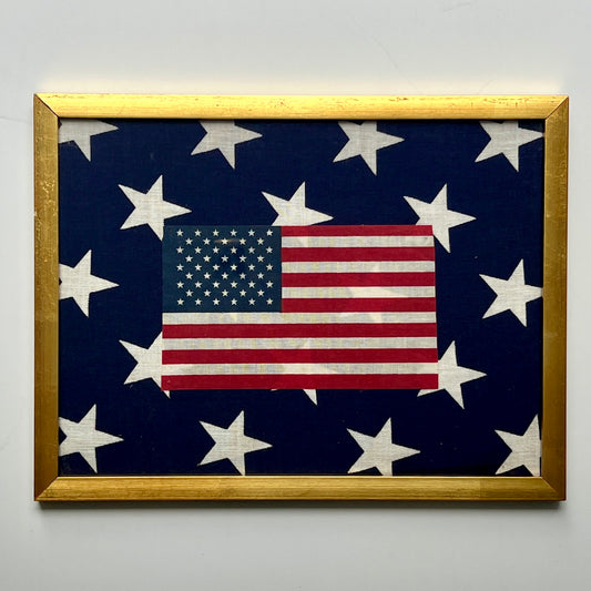 Vintage American Parade Flag on Blue and White Stars in Gold Frame