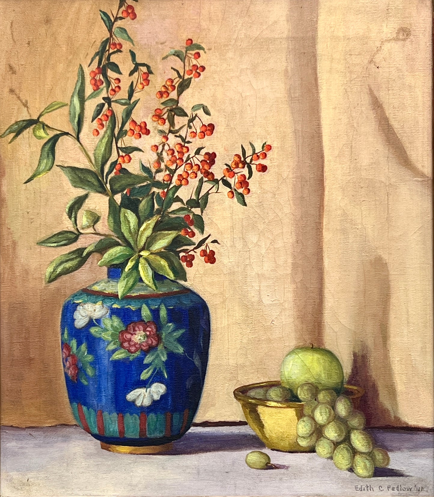Edith Pedlow 1941 Still Life Oil Painting of Chinoiserie Vase and Fruit in Ornate Frame